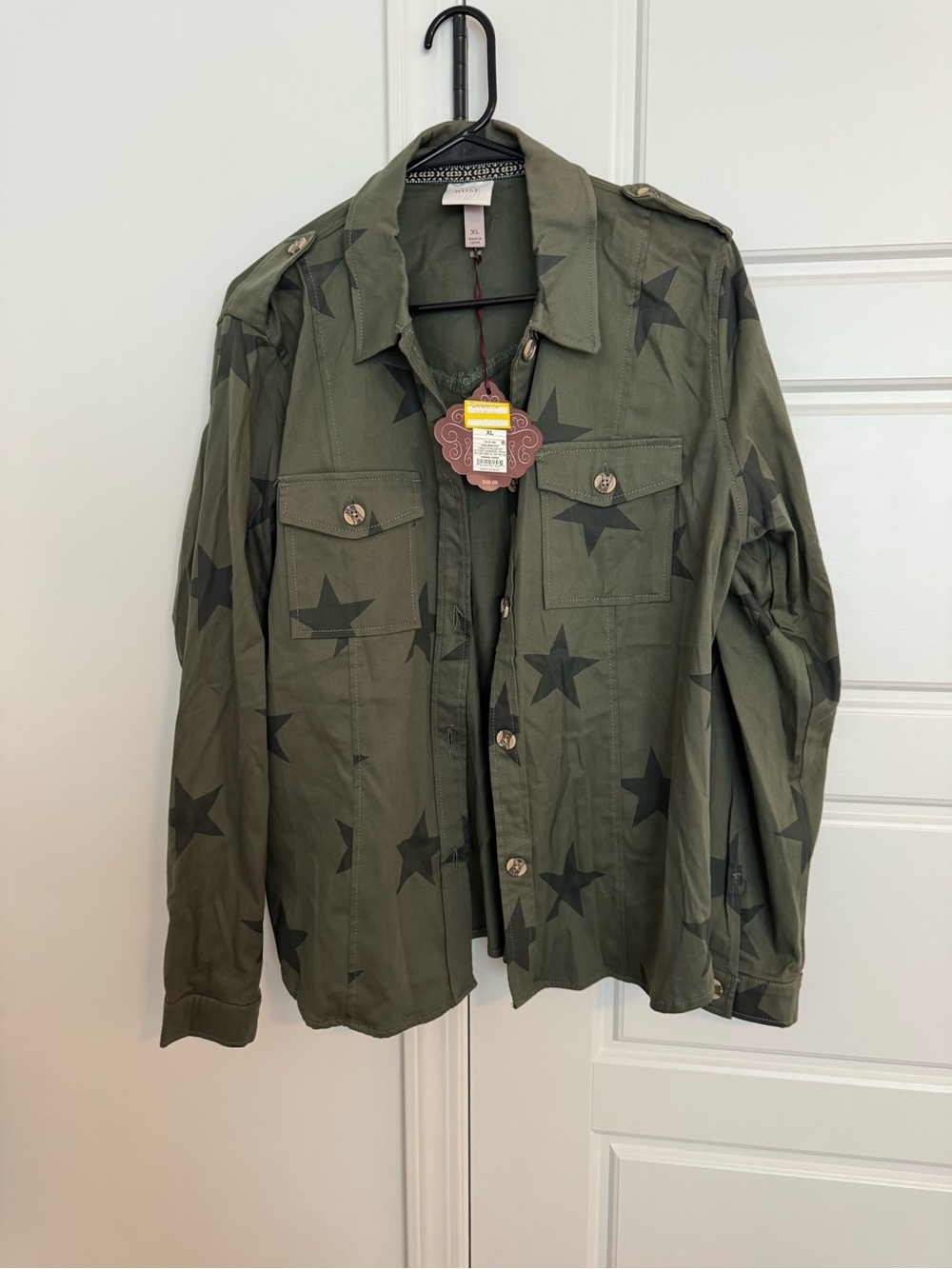 Knox Rose Olive Green Star-Print Button Down Shirt Jacket